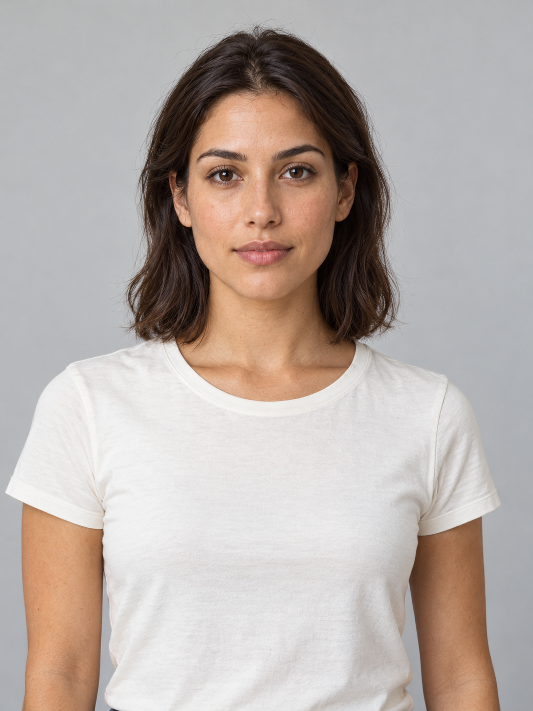 Original fictional adult test portrait in a plain ivory shirt